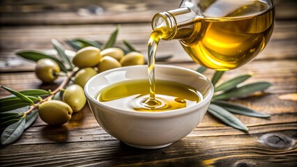 Pouring golden olive oil from a glass bottle into a white bowl with fresh olives and leaves on a rustic wooden table, highlighting healthy mediterranean cuisine and natural ingredients