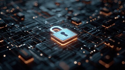 Glowing digital padlock securing futuristic circuit board with glowing data streams, symbolizing cybersecurity and advanced technology protection