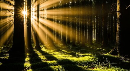 Sunbeams Through Forest Trees  Magical Golden Light Rays in a Dark Woodland Landscape Photography Stock Image