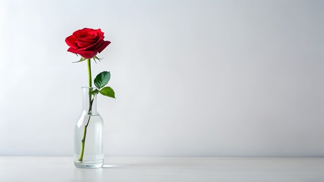 A single vibrant red rose in full bloom, presented in a clear glass vase with water and leaves, set against a clean white background, symbolizing love and beauty
