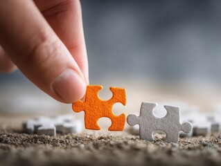 Business development concept. Finding solution to growth. Connecting last jigsaw puzzle piece.