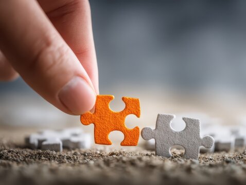 Business development concept. Finding solution to growth. Connecting last jigsaw puzzle piece.