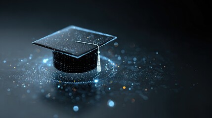 Celebrate academic achievement with a modern graduation cap illuminated by shimmering digital particles and futuristic bokeh effects