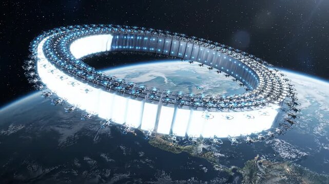 Orbital Ring Construction: Time-Lapse from Space - A massive orbital ring is under construction around Earth, with numerous robots working collaboratively in a time-lapse sequence.