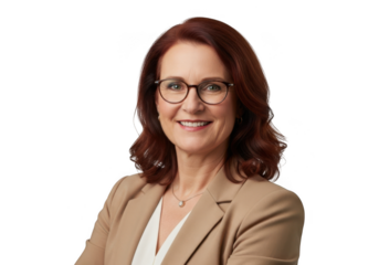 Smiling woman wearing glasses and a blazer isolated on transparent background