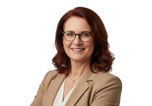 Smiling woman wearing glasses and a blazer isolated on transparent background
