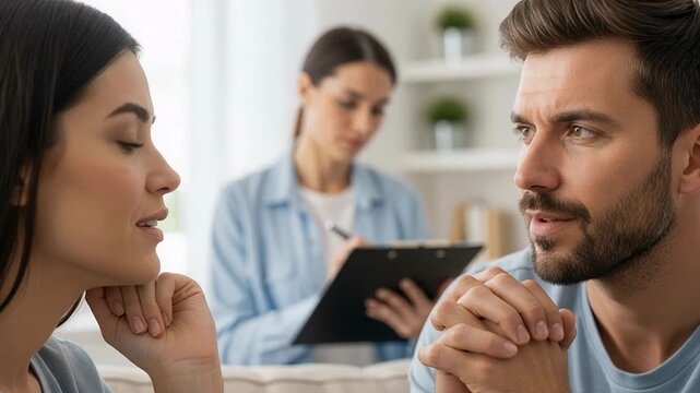 Disappointed couple rejecting real estate offer while concerned realtor watches negotiation fail in property meeting
