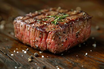 perfectly grilled steak on a rustic wooden surface. The steak is juicy and tender, expertly seasoned for optimal flavor
