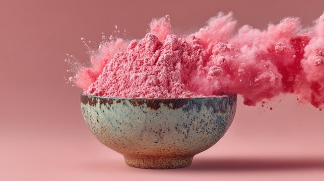 Peach-hued PQQ powder floats above minimalist bowl in professional product photography