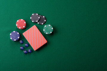 Dice poker game with chips, bets and risk in casino. Dice poker