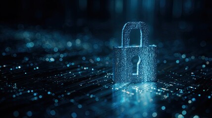 Vibrant digital padlock glows with secure data protection, symbolizing cybersecurity and advanced technological safety in a futuristic network.