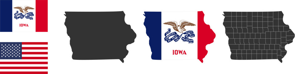 Iowa state of USA. Iowa flag and territory. States of America territory. Separate states. Vector