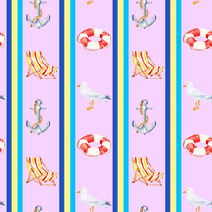 Fototapeta premium Hand drawn hand painted watercolor seamless pattern lifebuoys anchors striped deck beach chairs seagulls on striped background. Nautical summer design perfect for fabric wallpaper, textile design