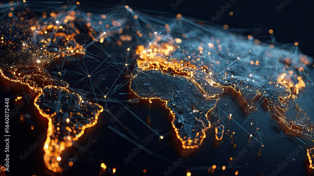 Poster dynamic global network glowing with bright lights connects continents, symbolizing interconnectednes