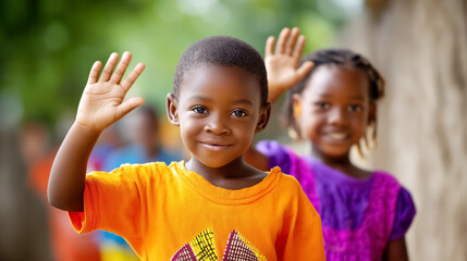 Two children smiling and waving goodbye in a joyful outdoor setting with blurred background. Brightly colored clothing adds to the cheerful atmosphere. Concept of childhood, friendship, education