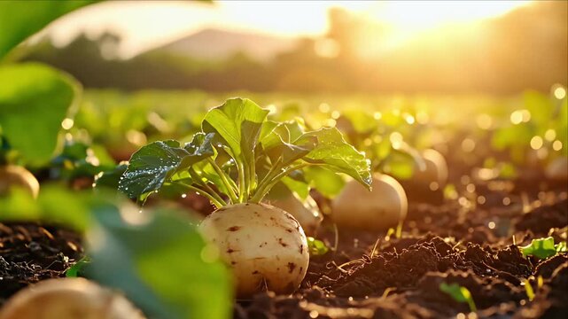 Fresh turnips growing in a field illuminated by sunlight showing healthy root vegetables and green leaves