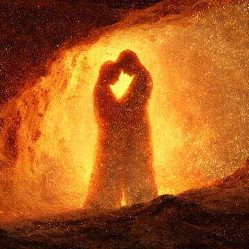 silhouette of couple embracing in fiery light