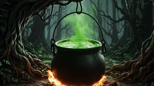 Bubbling Green Potion in Witch's Cauldron - A dark forest scene featuring a black cauldron hanging over a fire, filled with a bubbling green potion that emits swirling green smoke.