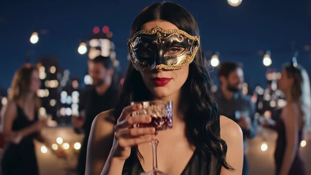 Mysterious Woman at Masked Halloween Party - A woman wearing an elegant gold and black masquerade mask sips red wine at a sophisticated Halloween party on a rooftop overlooking a city skyline at
