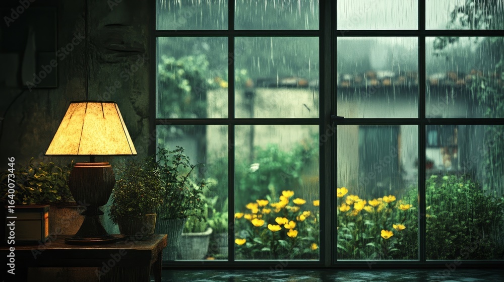 Poster a lamp sitting on a table beside a window shines brightly while rain falls outside, creating a cozy 