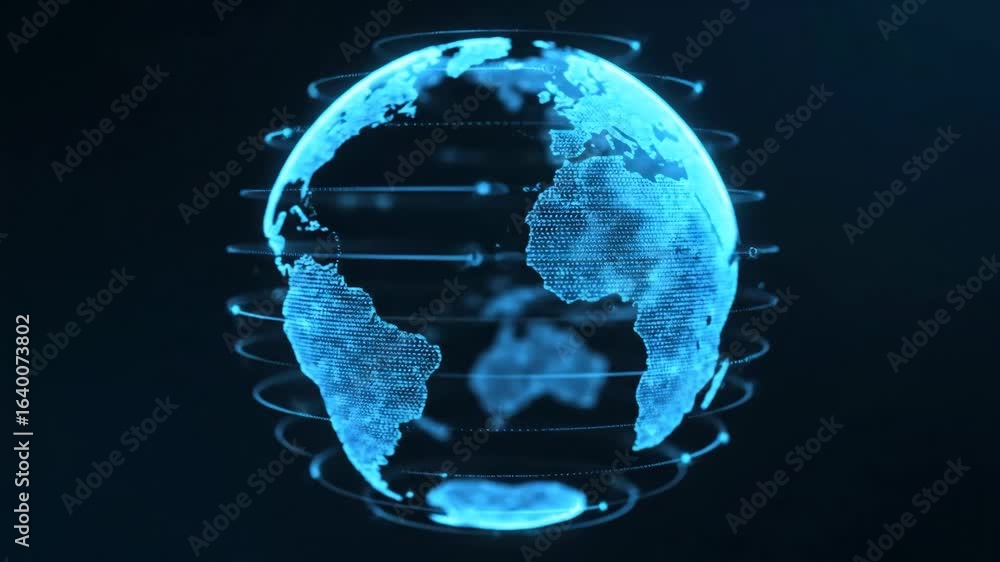Poster global network connection - a digital video of the earth, depicted as a glowing blue sphere with orb