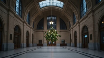 Fototapeta premium Sprig of mistletoe in a large, empty building.