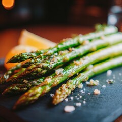 Asparagus spears roasted with olive oil, garlic, and salt
