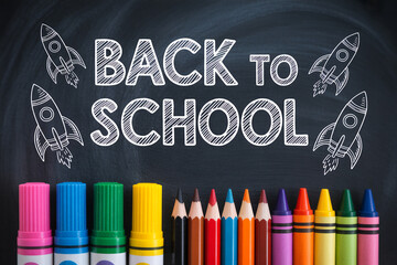 Rockets and colorful art supplies on blackboard back to school