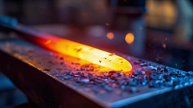 Glowing metal bar on anvil