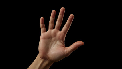 Hyperrealistic Closeup of a Hand with an Open Palm Facing Forward, Signalling 'Stop' or 'Halt' Against a Black Background