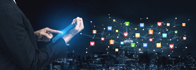 Social media interaction digital icons floating show concept of social media marketing. Online engagement, influencer marketing, and modern connection technology. Spline