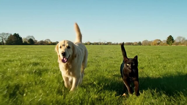 Golden Retriever and Black Cat Running in Field - A happy golden retriever and a black cat joyfully run across a vibrant green field under a clear blue sky.
