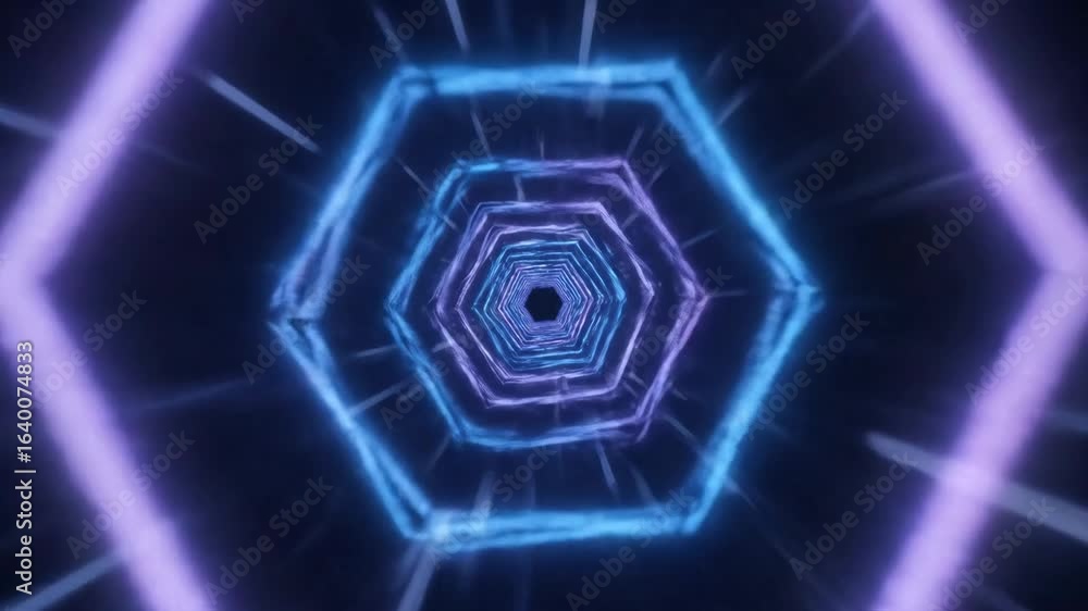 Poster neon hexagon tunnel flight - a vibrant animation depicting a flight through a futuristic tunnel comp