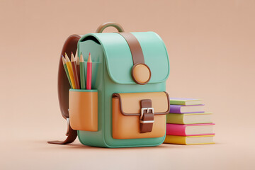 Teal backpack with pencils and books brown orange