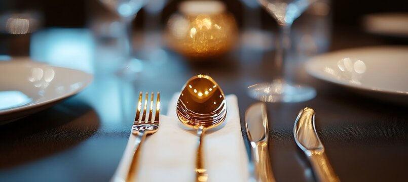 Table setting silverware spoon fork knife restaurant dining elegant gold luxury celebration dinnerware plates | empty png screen perfect for personalized branding