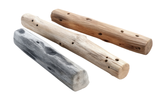 Three smooth, cylindrical wooden logs, varying in light beige/brown and gray tones.  Each log features small, evenly spaced holes