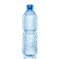 Blue water bottle transparent plastic bottle clear liquid hydration thirst quencher refreshment isolated studio shot on transparent background