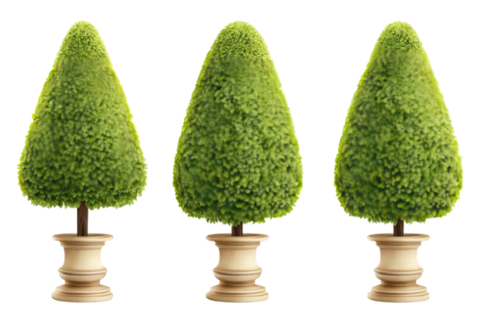 Three cone-shaped topiary trees in cream-colored planters