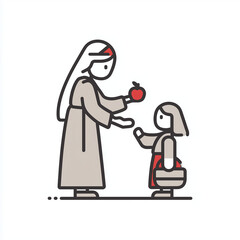 Woman handing an apple to a child in a caring gesture  