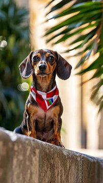 Dachshund puppy wearing bandana balances on wall amidst tropical foliage