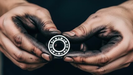 Fototapeta premium Mechanic's dirty hands holding a clean metal bearing.