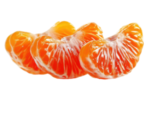 Close-up of three segments of a fresh orange
