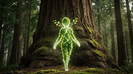 Forest Spirit Emerging from Sequoia - A luminous, leaf-formed being materializes from behind a giant moss-covered sequoia tree in a mystical forest.