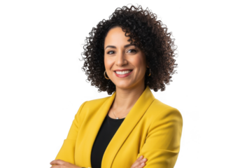 Smiling woman in yellow blazer isolated on transparent background
