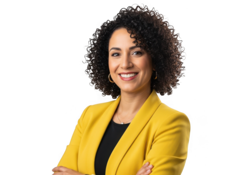 Smiling woman in yellow blazer isolated on transparent background
