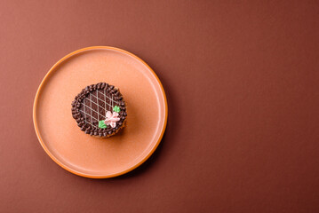 Sweet tart, pie with chocolate and cream with fruit filling on a plate. Chocolate tart