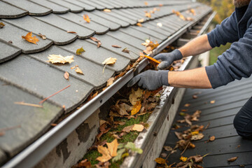 Close up of hand clearing fallen leaves from clogged gutter at home