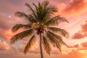Obraz premium Palm tree at sunset with colorful sky and clouds over the sea, a tranquil and idyllic tropical beach vacation scene