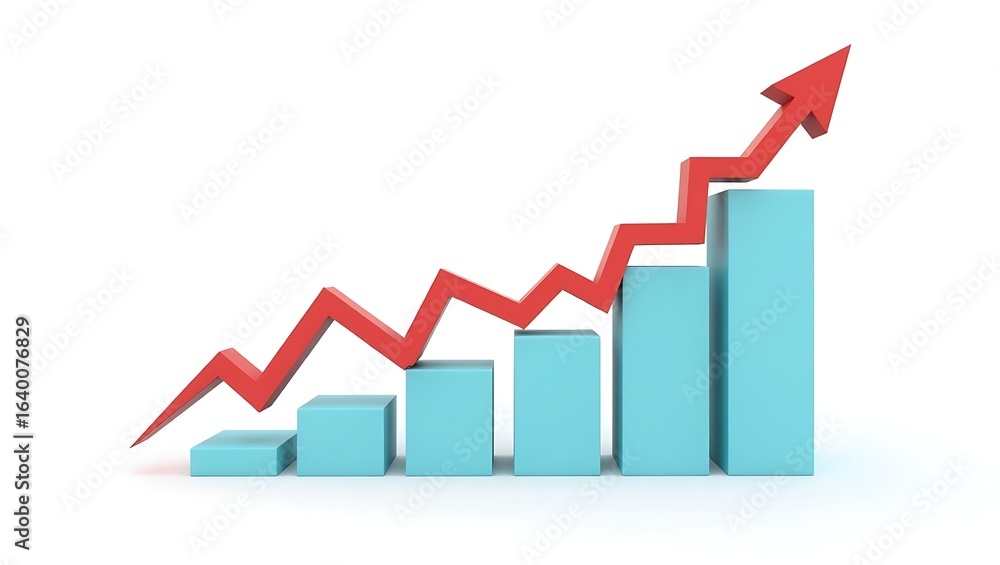 Poster 3d bar graph with red arrow showing growth. business and financial success concept, isolated on a wh