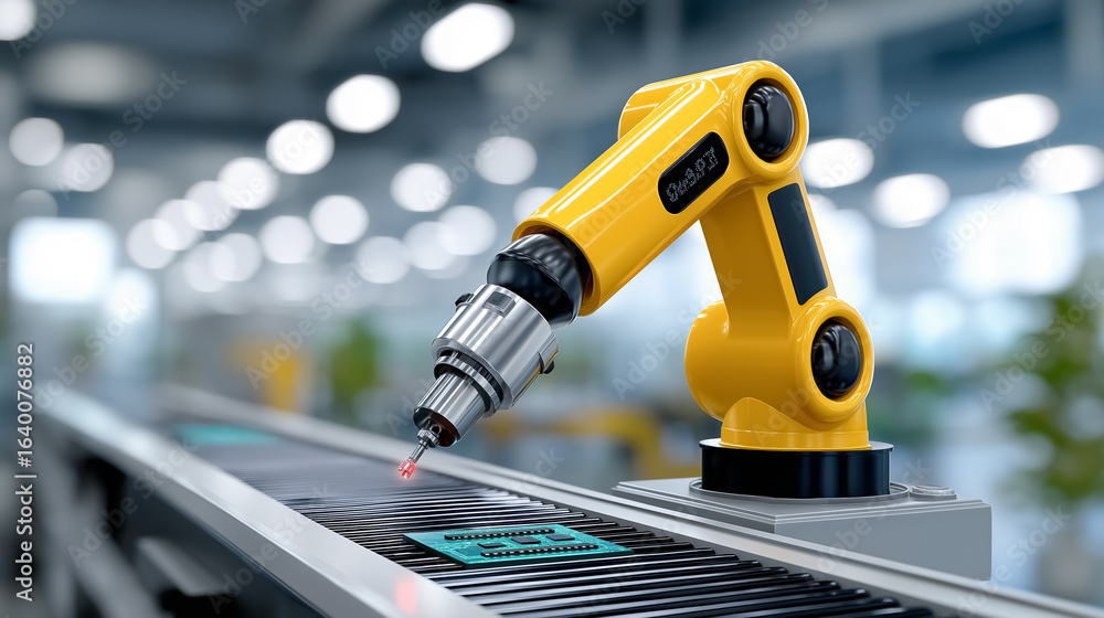 Poster Industrial robot positioned to assemble electronic components on conveyor belt in high-tech factory. Bright and clean workshop setting emphasizes automation and efficiency